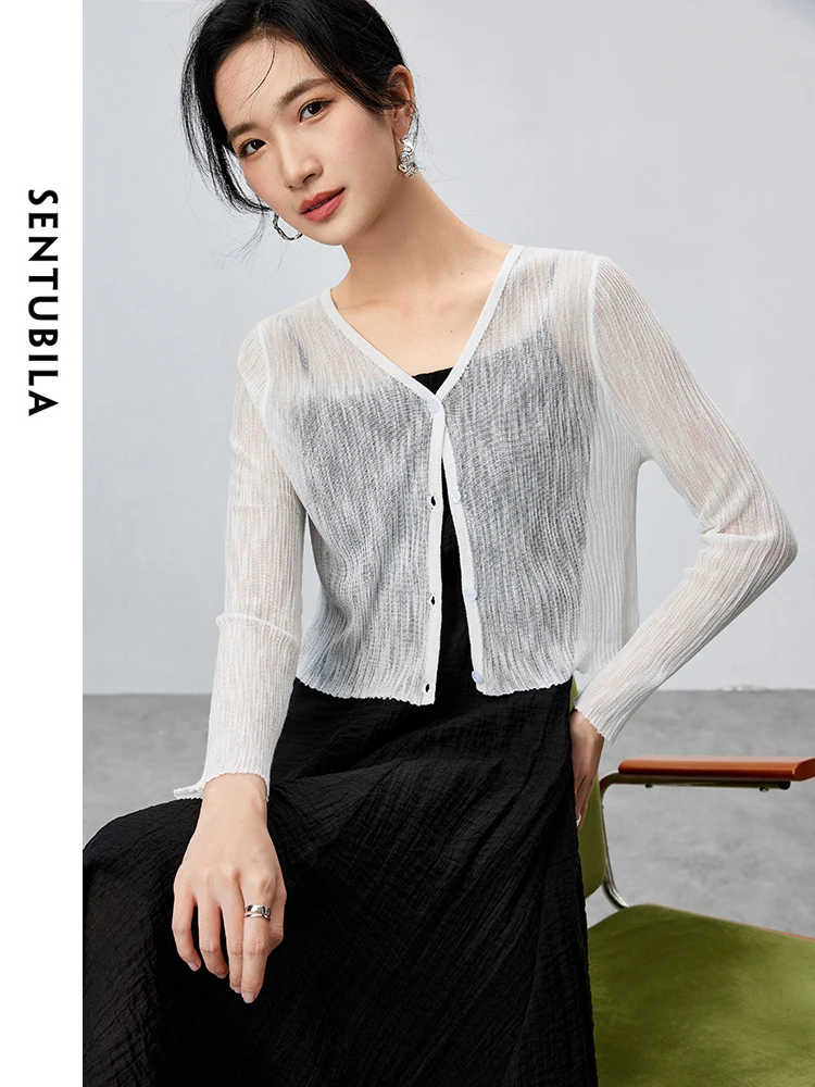 SENTUBILA V-neck Casual Cropped Knitted Cardigan 2024 Summer Straight Single Breasted Solid Long Sleeve Tops Clothing W42H55364