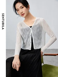SENTUBILA V-neck Casual Cropped Knitted Cardigan 2024 Summer Straight Single Breasted Solid Long Sleeve Tops Clothing W42H55364