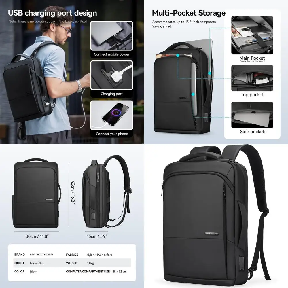 

Мужской рюкзак для ноутбука 15,6 дюймов, водонепроницаемый, со съемной пряжкой, USB-портом, идеально подходит для работы и повседневного использования