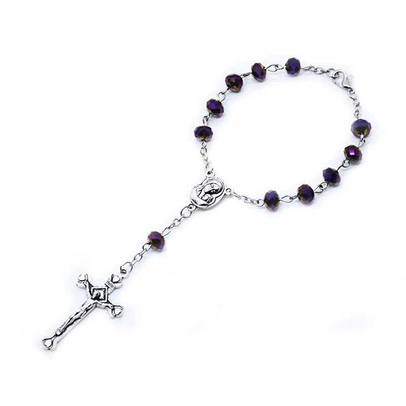 Crystal Rosary Bracelet For Men Women Crucifix Cross Catholic Jewelry Blue Purple