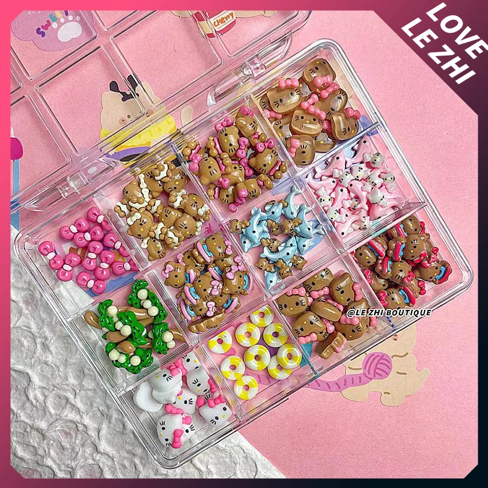 120Pcs Boxed Summer Ocean Beach Blue Hello Kitty Nails Art Charms Accessories Hawaii Black Skin Kt Dolphin Bow Resin Accessories