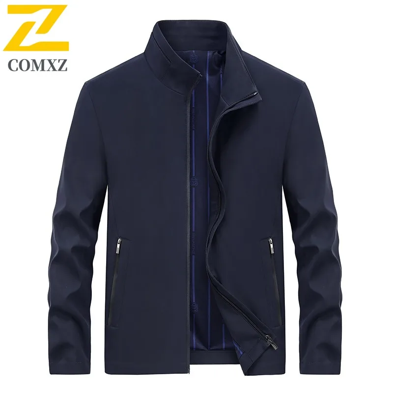 

COMXZ 2025 Мужское деловое повседневное пальто среднего возраста, однотонная куртка с вырезом воротника, весенне-осенняя водонепроницаемая куртка с воротником-стойкой, одежда для папы
