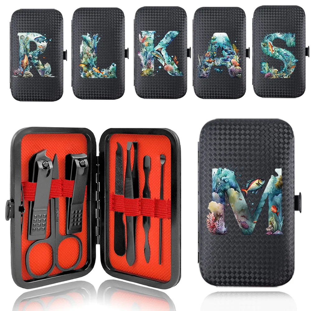 

7Pcs Manicure Set Stainless Steel Nail Clippers Kit Portable Pedicure Care Tool Case Pocket Organizer Travel Fish Letter Pattern