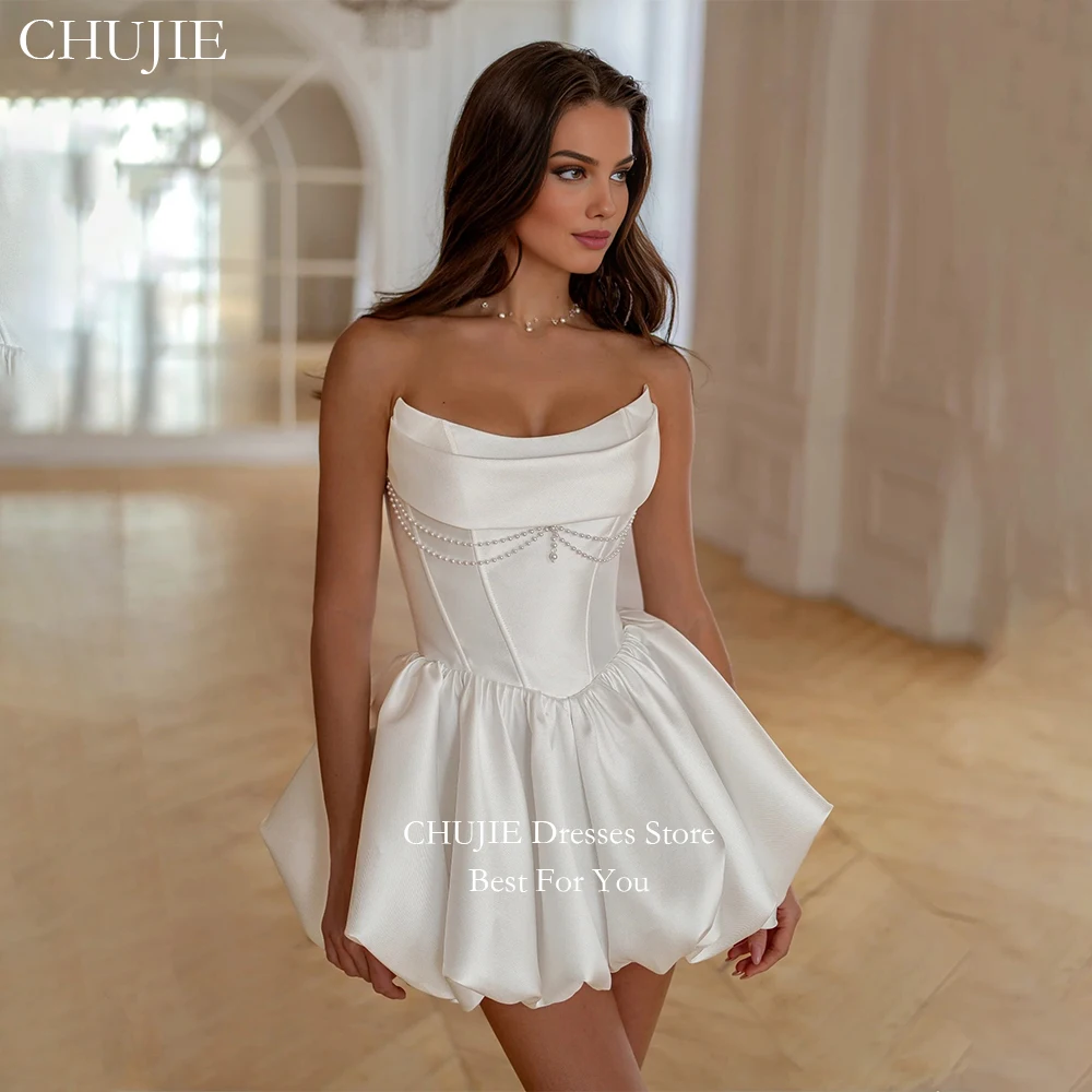 A LIne High Quality Satin Wedding Dresses White MIni Bridal Gowns With Pearls Customized Short Prom Dress Mini Homecoming Dress