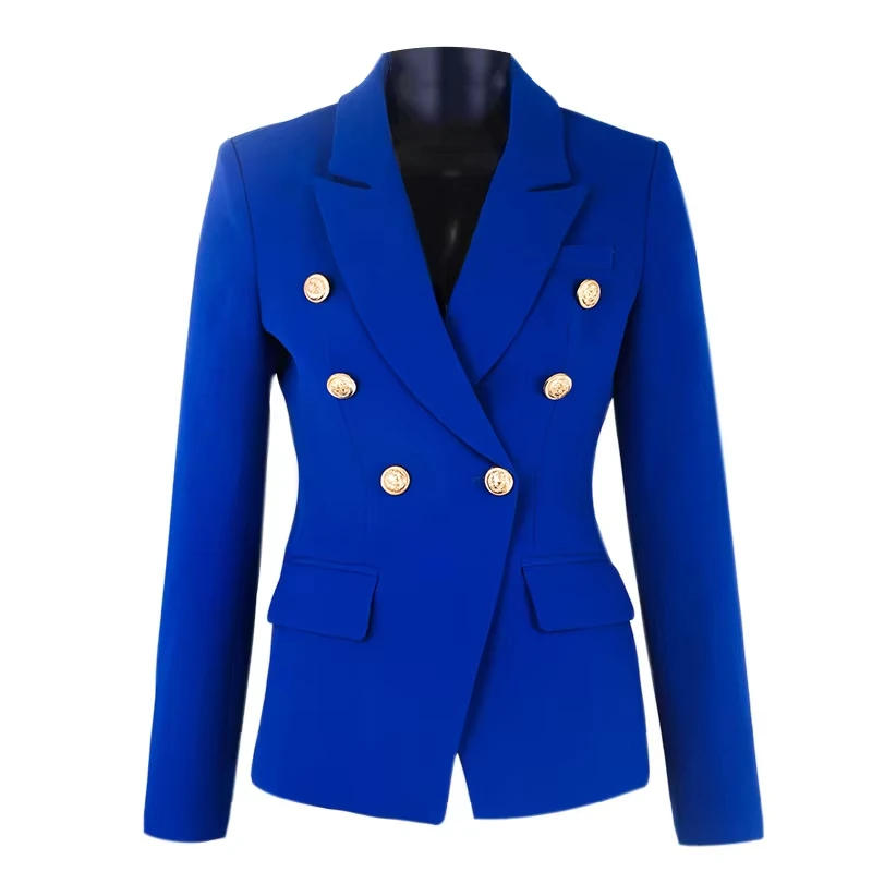 

HarleyFashion Elegant Women Designer Spring Blue Casual Blazer Metal Buttons Quality Slim Blazers