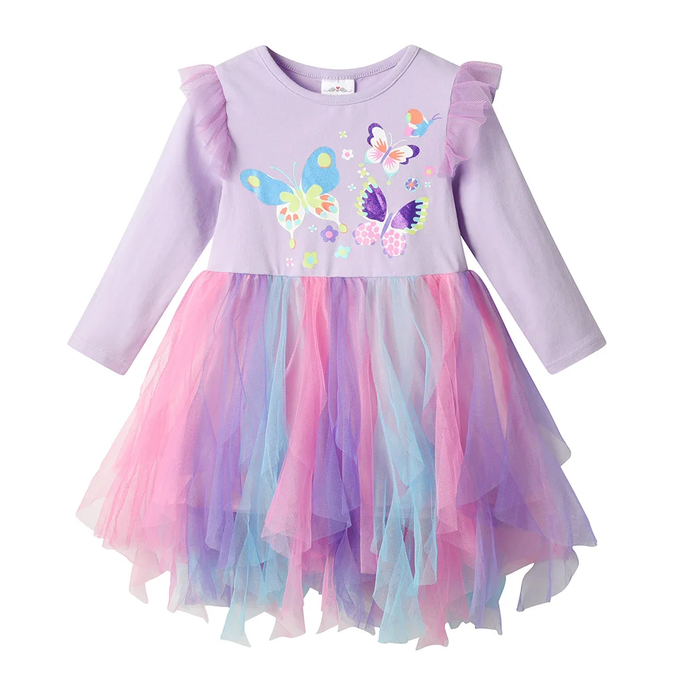 VIKITA Toddlers Princess Dress Kids Butterfly Floral Print Flare Sleeve Irregular Colorful Tulle Ombre Tutu Dress Kids Clothes