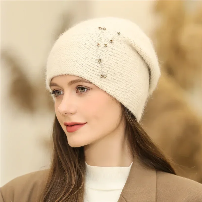 New Women Winter Hat Fashion Decorate Beanie Hat Rabbit Fur Blend Warm Winter Cap for Female Casual Streetwear Knitted Hat