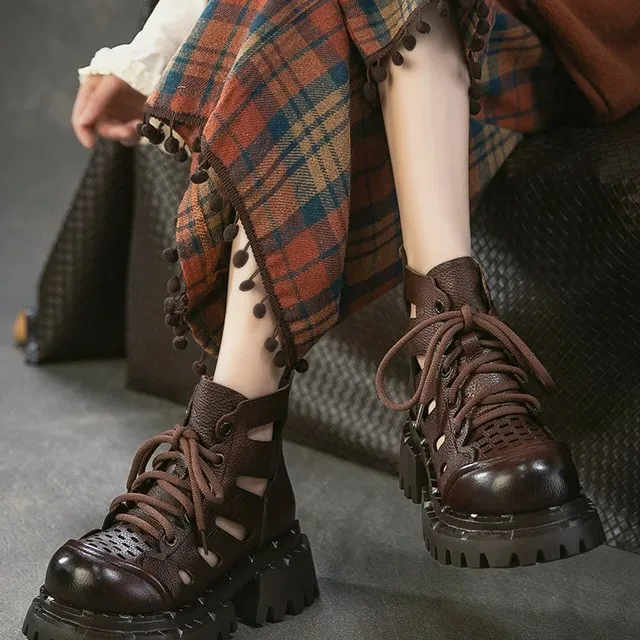 Botas de mujer de piel auténtica transpirable de España, estilo vintage, de corte bajo, sandalias casuales, tacones altos cóm...