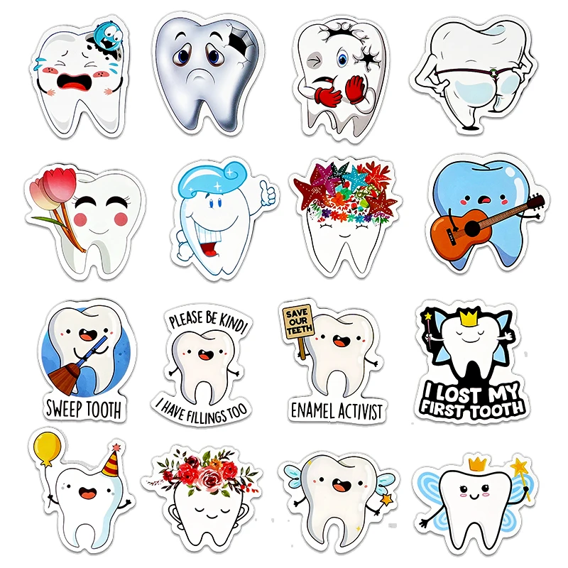 50pcs/bag Cute Dental Tooth Shaped Stickers Dentistry Reward Cartoon Teeth Sticker for Laptop Luggage Dental Clinic Gifts