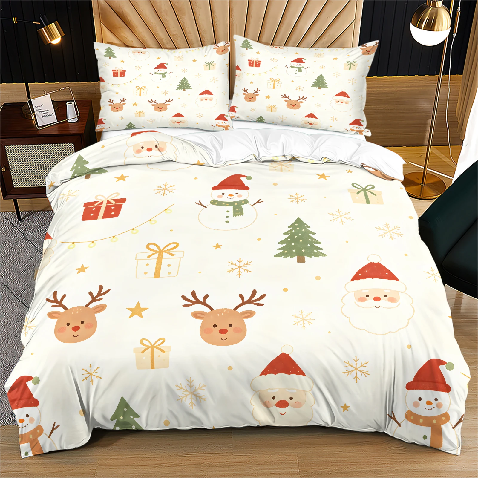 Christmas Duvet Cover Set Cute Santa Snowman Reindeer Gift Tree Print Bedding Set Soft Breathable Microfiber Comforter Cover