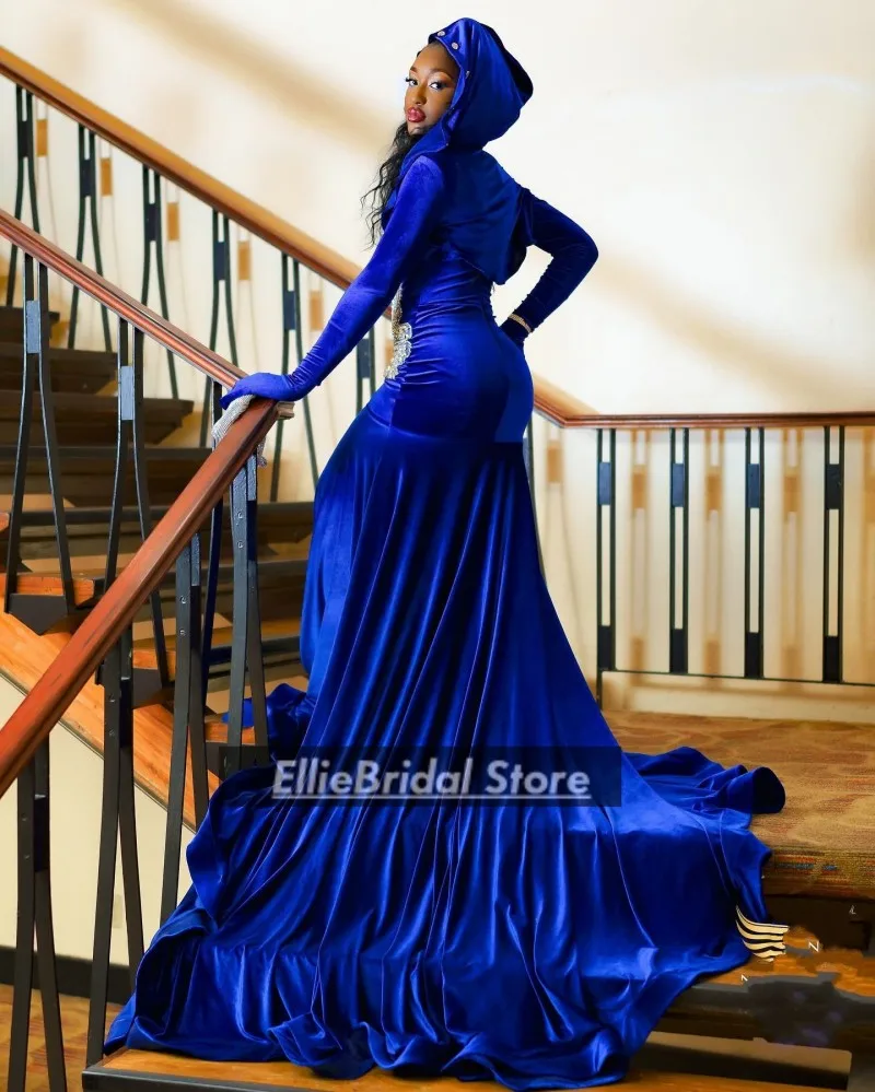 Royal Blue Prom Dresses With Cloak Black Girl 2025 Velvet Party Dress Long Sleeves Rhinestone African Evening Gowns Customized