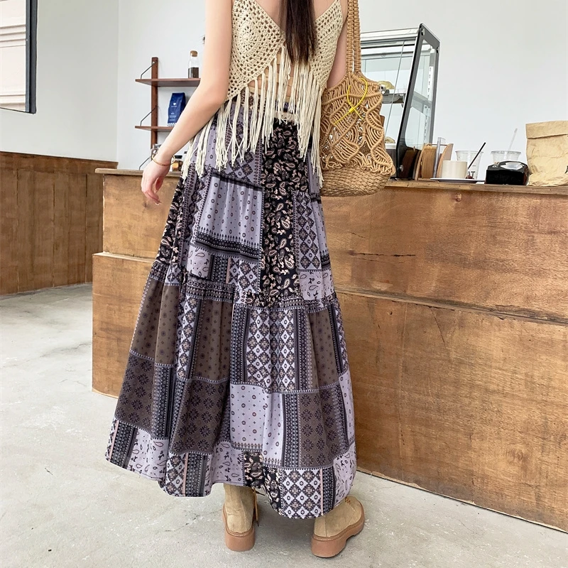 Spring/Summer Bohemian Long Skirt Women Retro Elastic High Waist Patchwork Printed Holiday Boho Beach Skirt