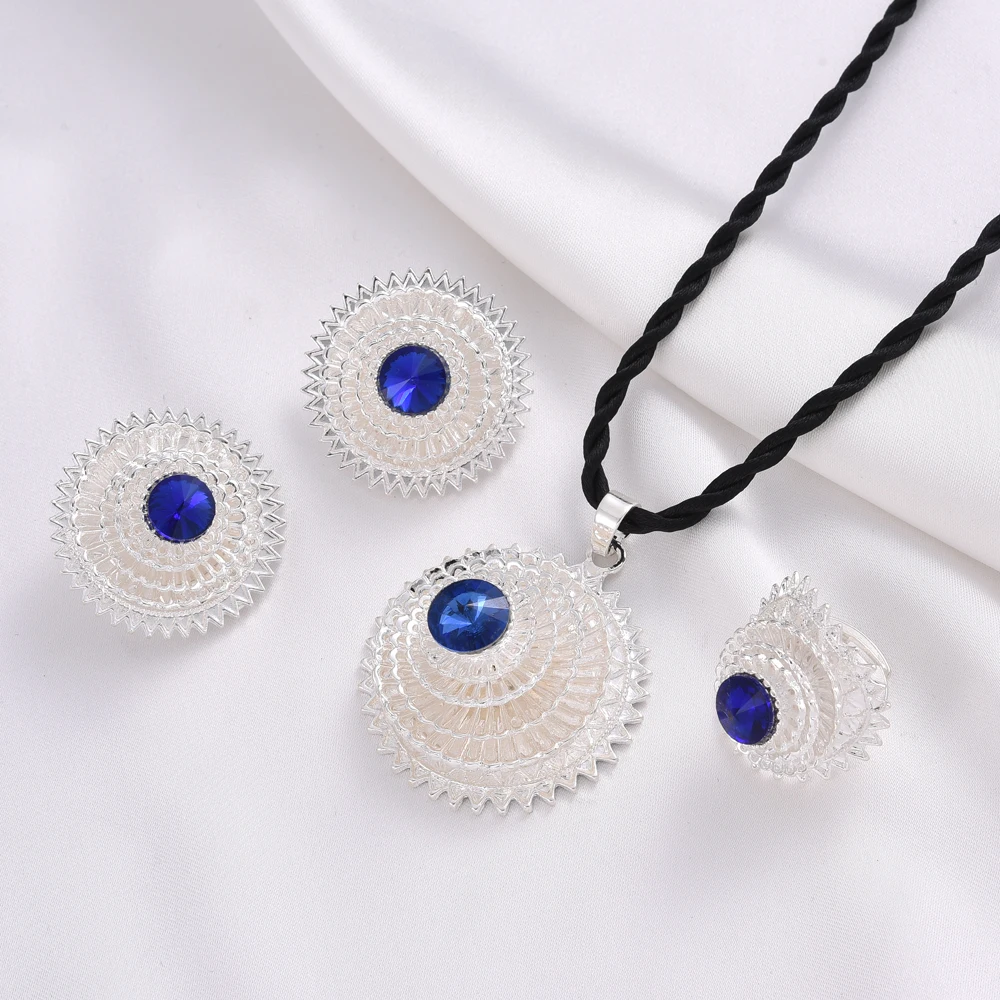 Eritrea Cute Big Red Zirconia Jewelry Set for women Ethiopian Silver plated Pendant/Earring/Ring Africa Bride Wedding Party Gift