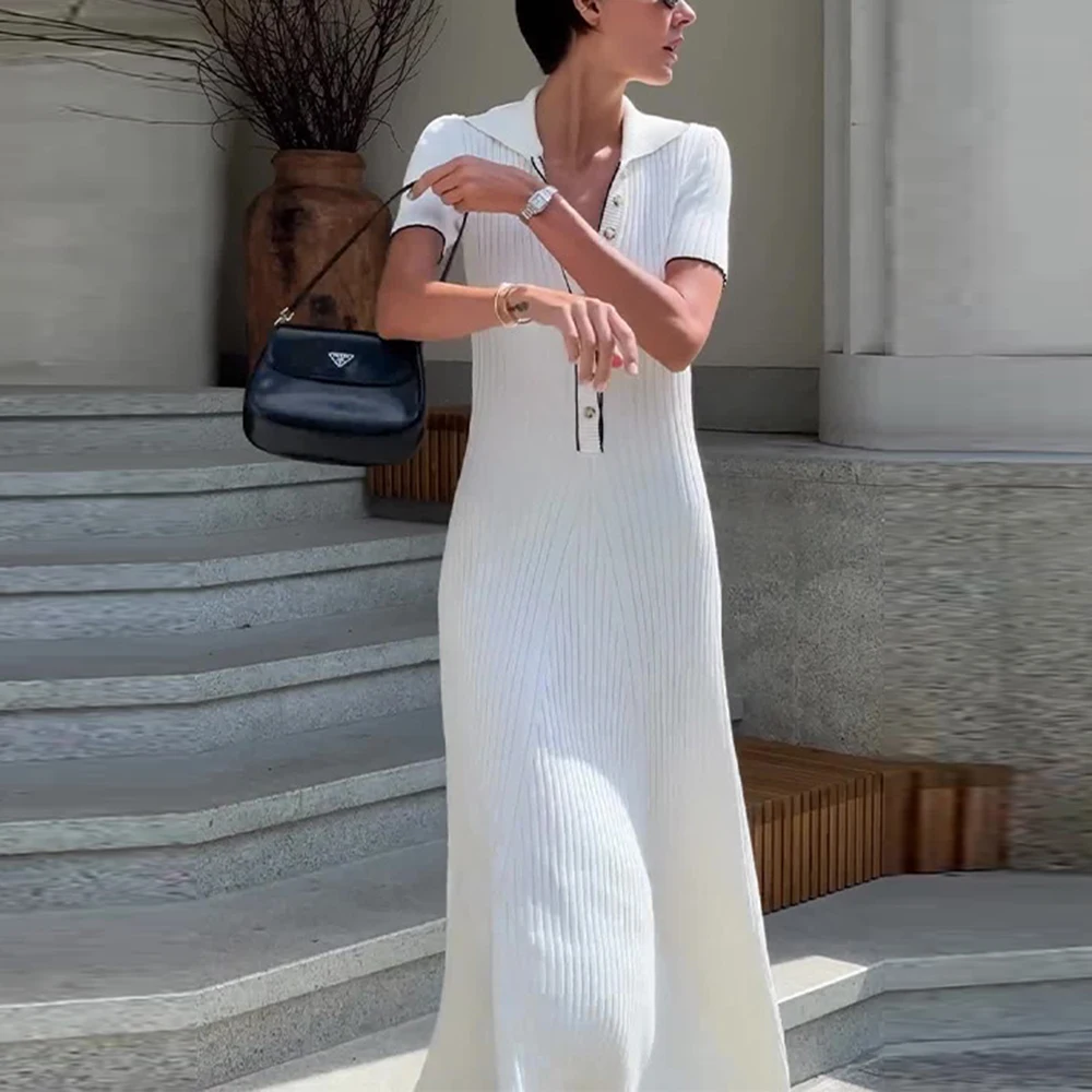 TWOTWINSTYLE Spliced Button Knitted Dresses For Women Lapel Short Sleeve High Waist Hit Color Temperament Maxi Dress Female New