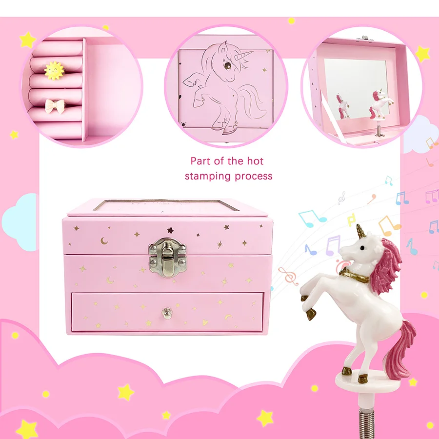 Top Selling! Sparkly Pink Music Jewelry Box with Twirling Unicorns, Large Storage Space with Drawers, Beautiful Gift for Any Age