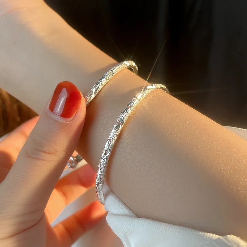 Temperament Retro Sterling Silver Adjustable Carved Starry Sky Bangles for Women Exquisite Jewelry Accessories Gift Colorfast