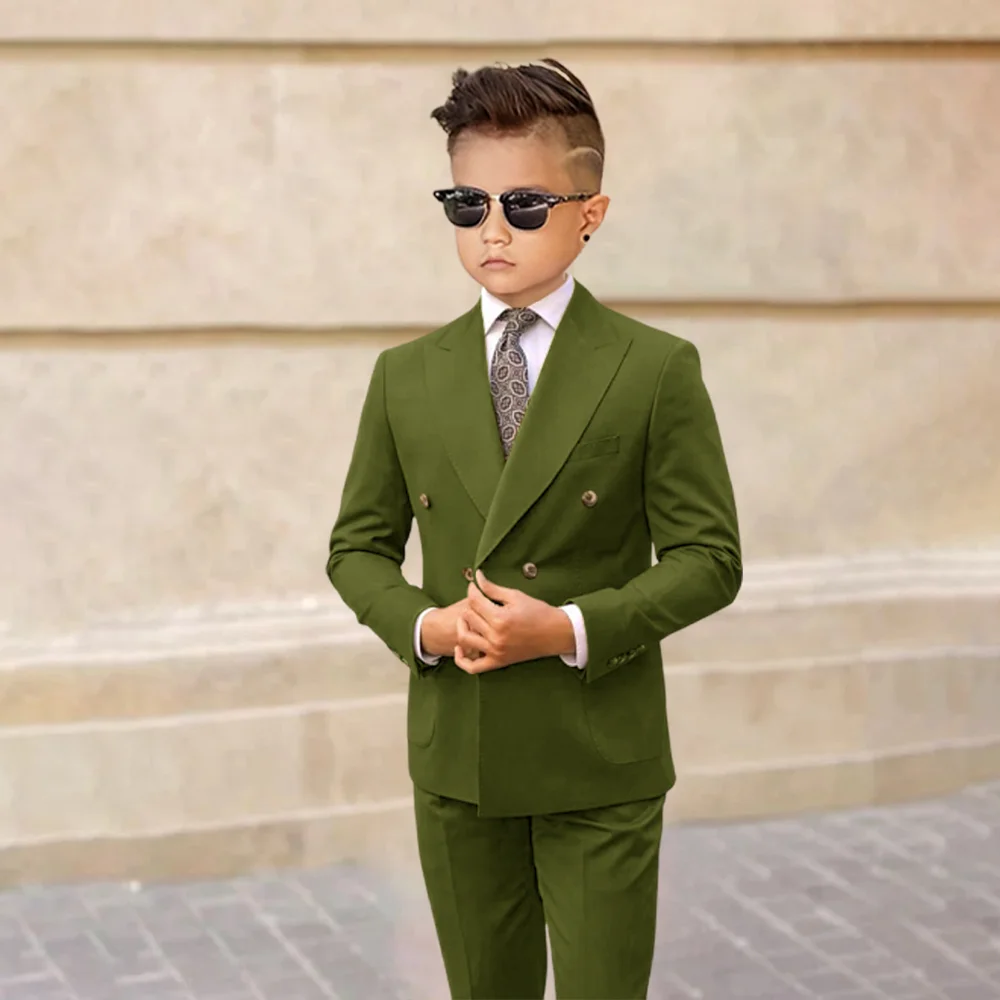 

Children's Military Green Double-Breasted Suit with Shawl Collar, Sleek and Stylish for High-End Events and Formal Parties