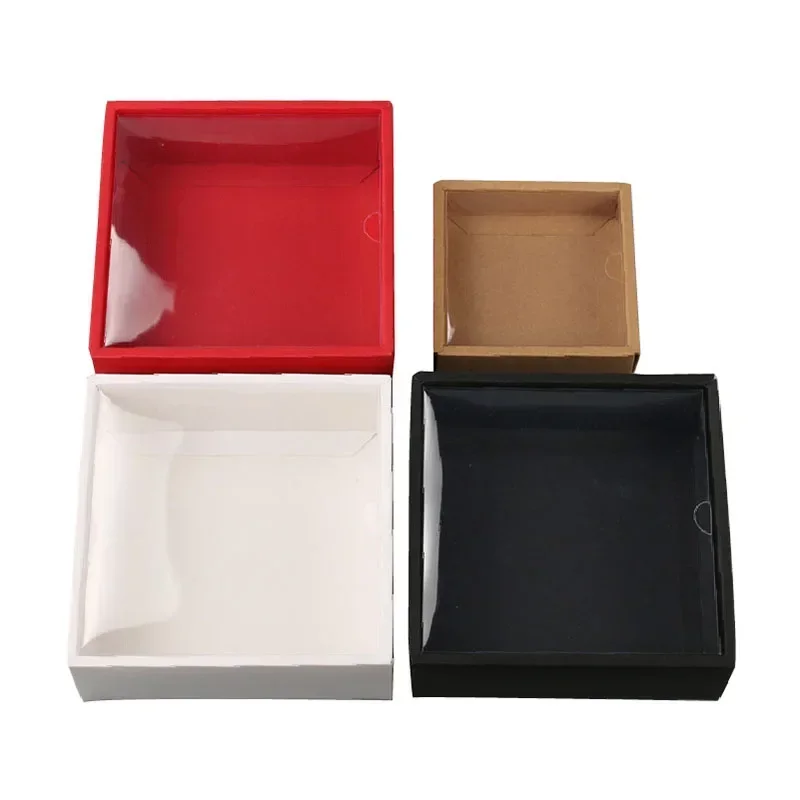 10Pcs White Kraft Paper Gift Box With Transparent PVC Window Black Cake Boxes Red Wedding Cookie Candy Packaging Boxes