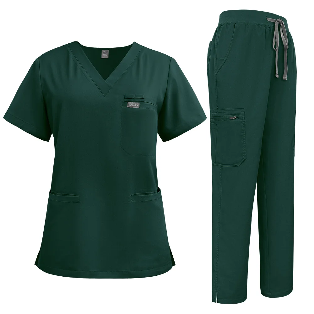 Unisex Medical Scrubs Set V Neck Pocket Top Elastic Drawstring Straight Pants Cargo Pocket Nurse Workwear Surgical Uniform