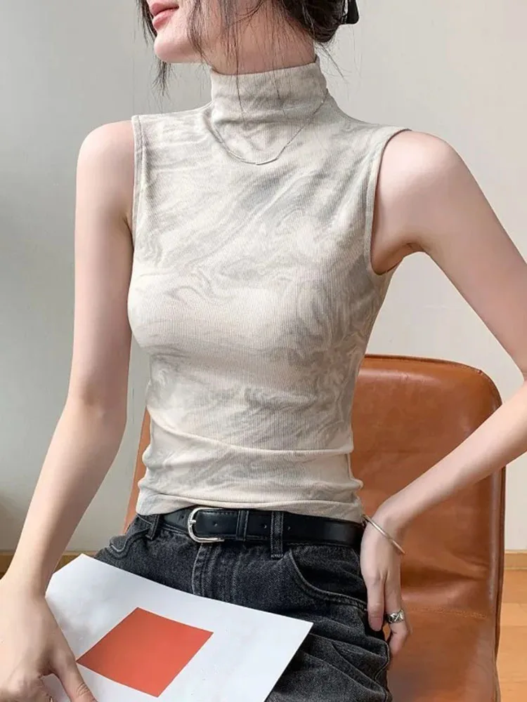 T Shirts Women Turtleneck Tie Dye Sleeveless Slim Vintage Grunge Gothic Fashion Tops Club Female Spring Summer Casual