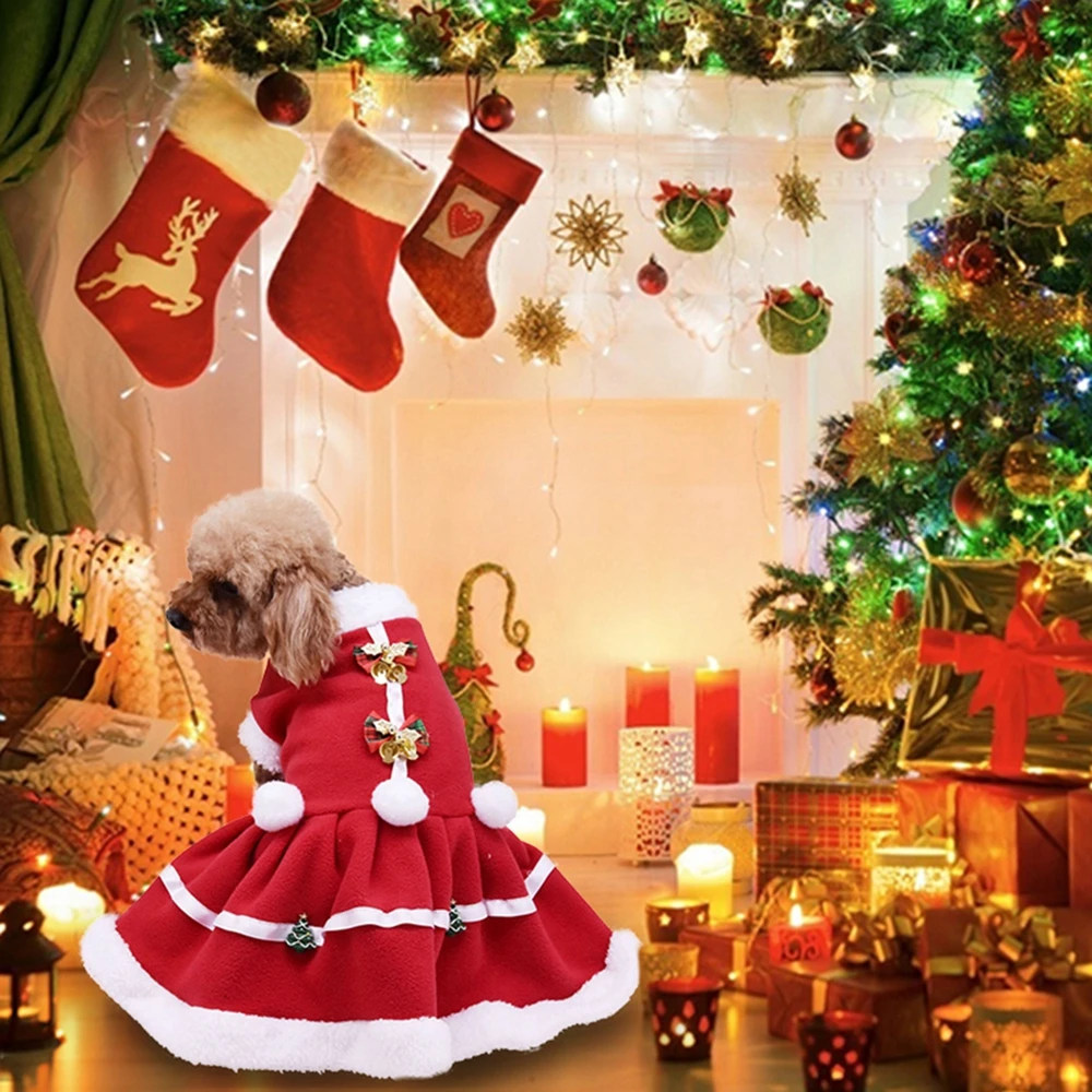 Dog Christmas Dress Pet Autumn Winter Warm Fleece Skirt Small Dog Snowflake Santa Claus Plush Thickened New Year Red Dress