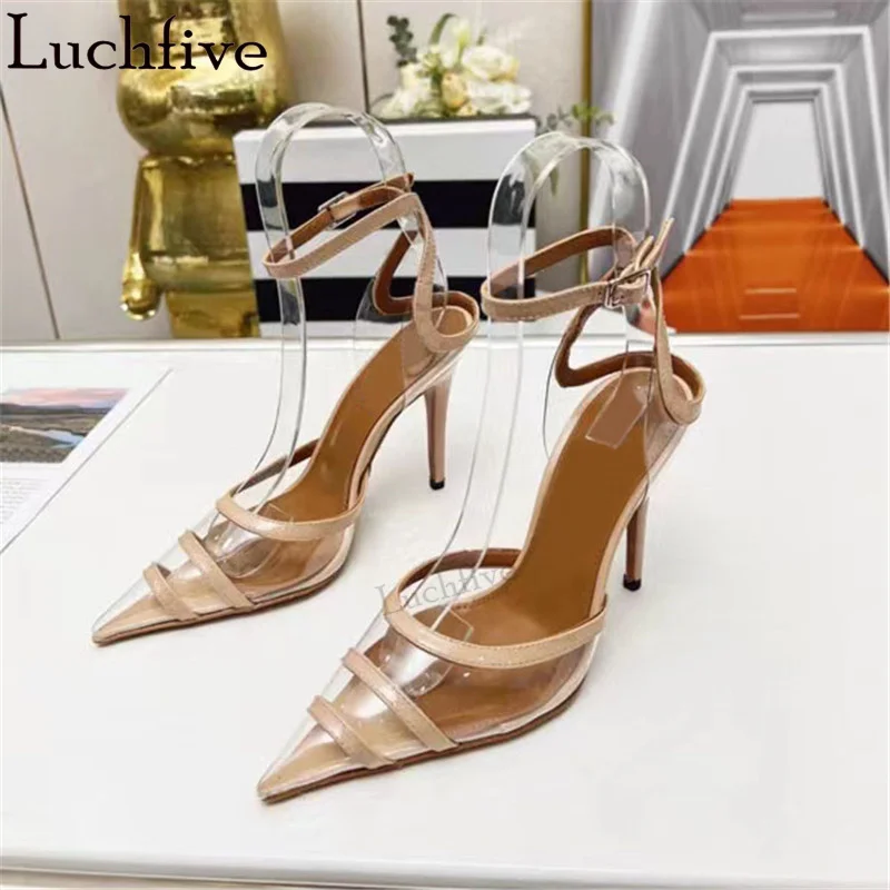 

Clear Pointy toe Thin High Heel PVC Sandals Women Summer Transparent Gladiatus Sandals Summer Luxury Sexy Shoes Zapatos Mujer