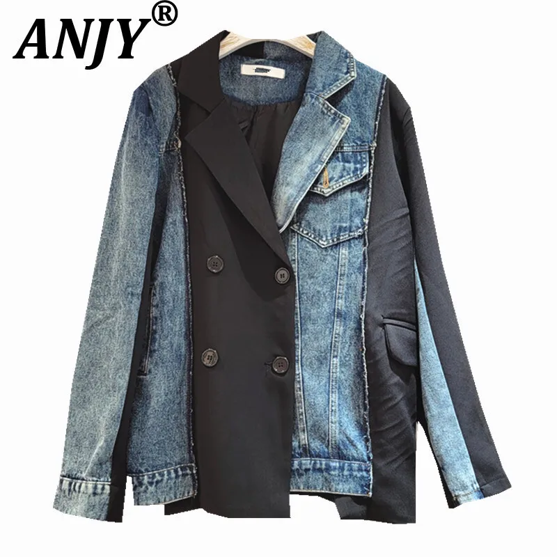 

ANJY Autumn Women Hong Kong Style Fashion Vintage Irregular Chic Ins Patchwork Blazer Streetwear Trendy Tide Denim Jacket A10495
