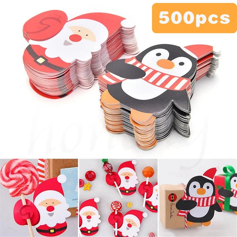 500/25x Christmas Lollipop Paper Cards Santa Claus Candy Gifts Package DIY Cartoons Lollipop Gift Package New Year Party Decor