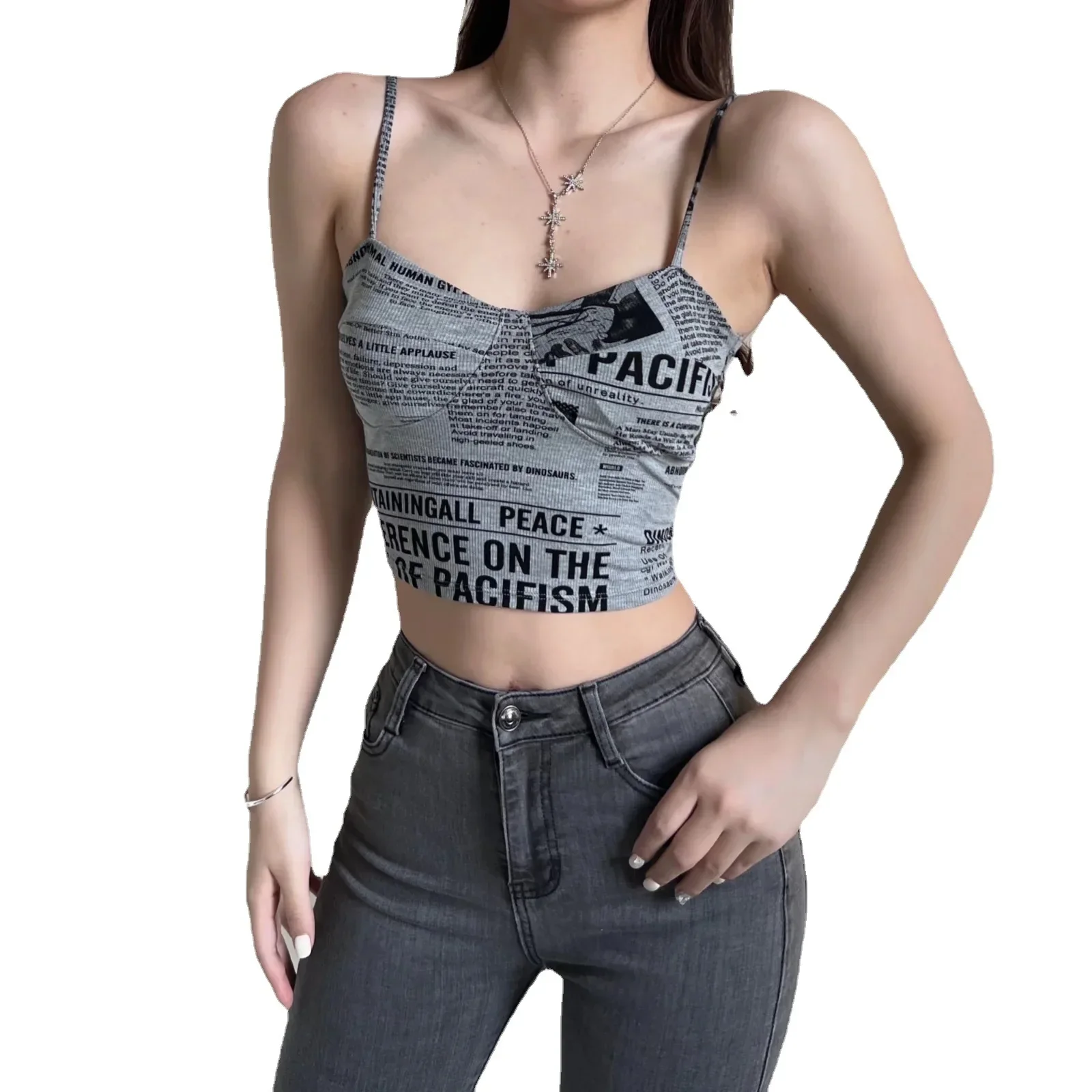 Newspaper Letter Print Women Push Up Camisole With Bra Sexy Top Women Suspender Tank Fashion Camis Female Soft Sleeveless Top