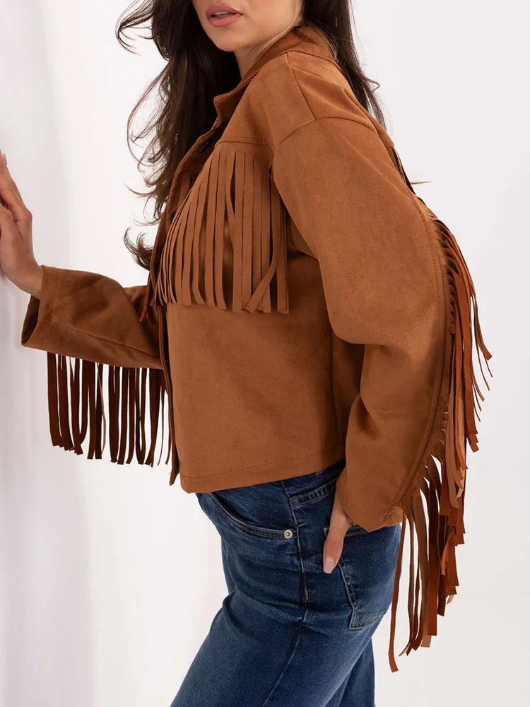 

Autumn Single Breasted Tassel Women Jackets Vintage Solid Suede Long Sleeve Top Cardigan Winter Turn-down Collar Outerwear Coats