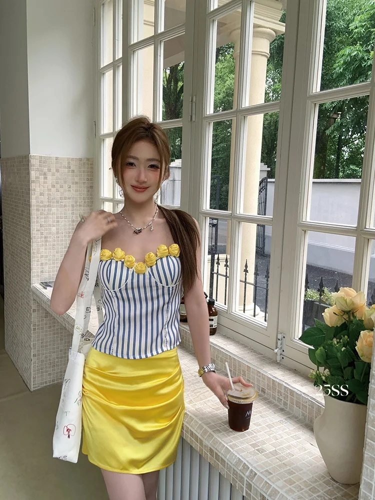 

Original Design Handmade Heavy Embroidery Lemon Gelato Top Women's Summer Vaion Sle Svel Strapl Crop Top