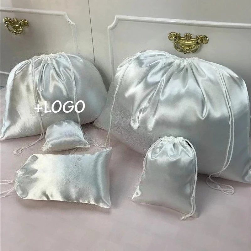 Silk Jewelry Pouch Hair Bags Shoes Gift Wrappling Packaging Pouch Bright Smooth Satin Dustproof Drawstring Bag Custom Logo Print