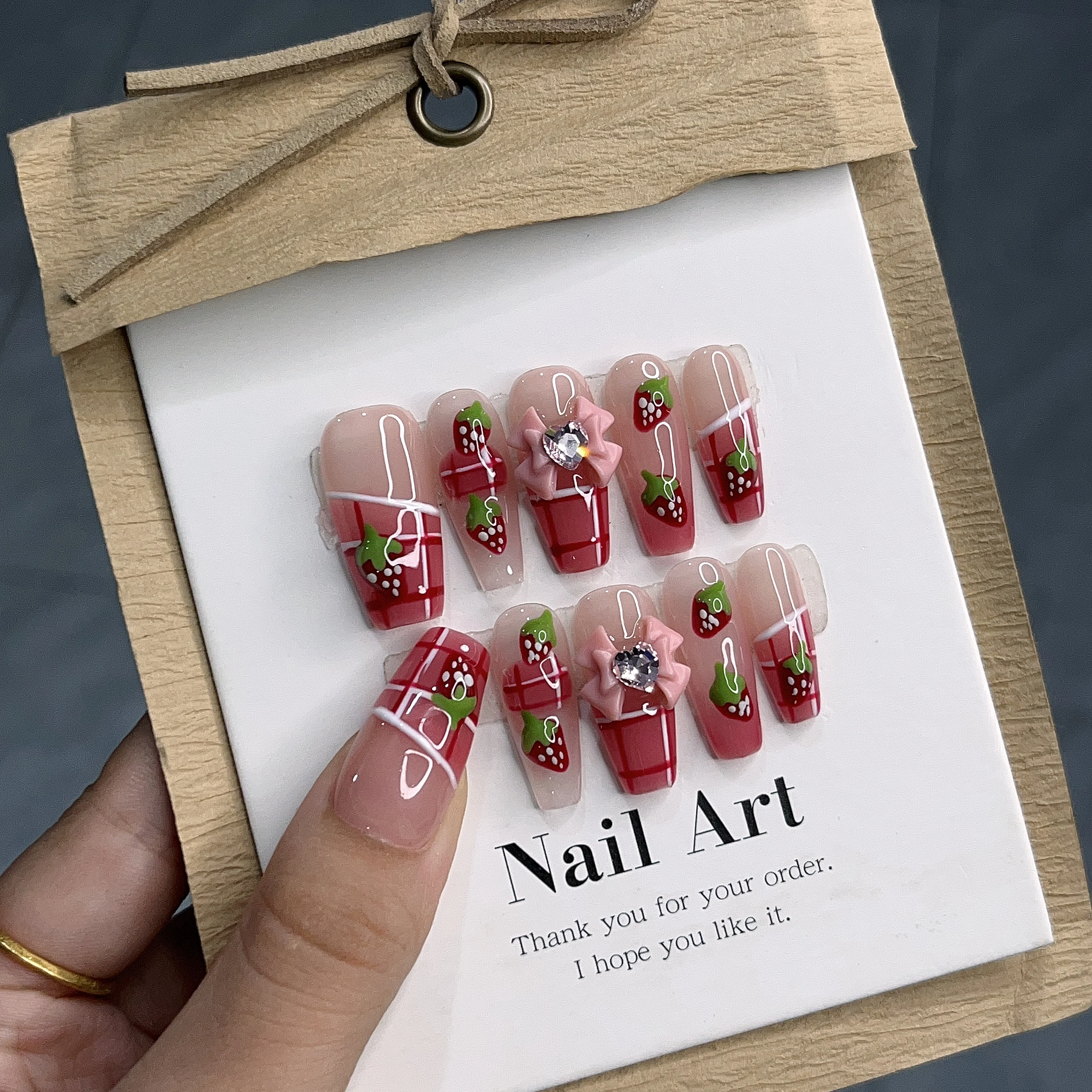 Handmade Press On Nails with Medium Length Blush Strawberry Fresh Bowknot for Lovely Style In Emmabeauty Store.No.EM24460