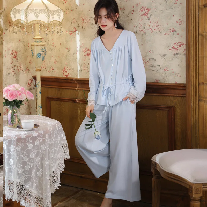 Women Two Piece Set Cotton Pyjamas Spring Autumn Vintage Lace Trim Long Sleeve Robe Trousers Sleepwear Pajamas Loose Nightwear