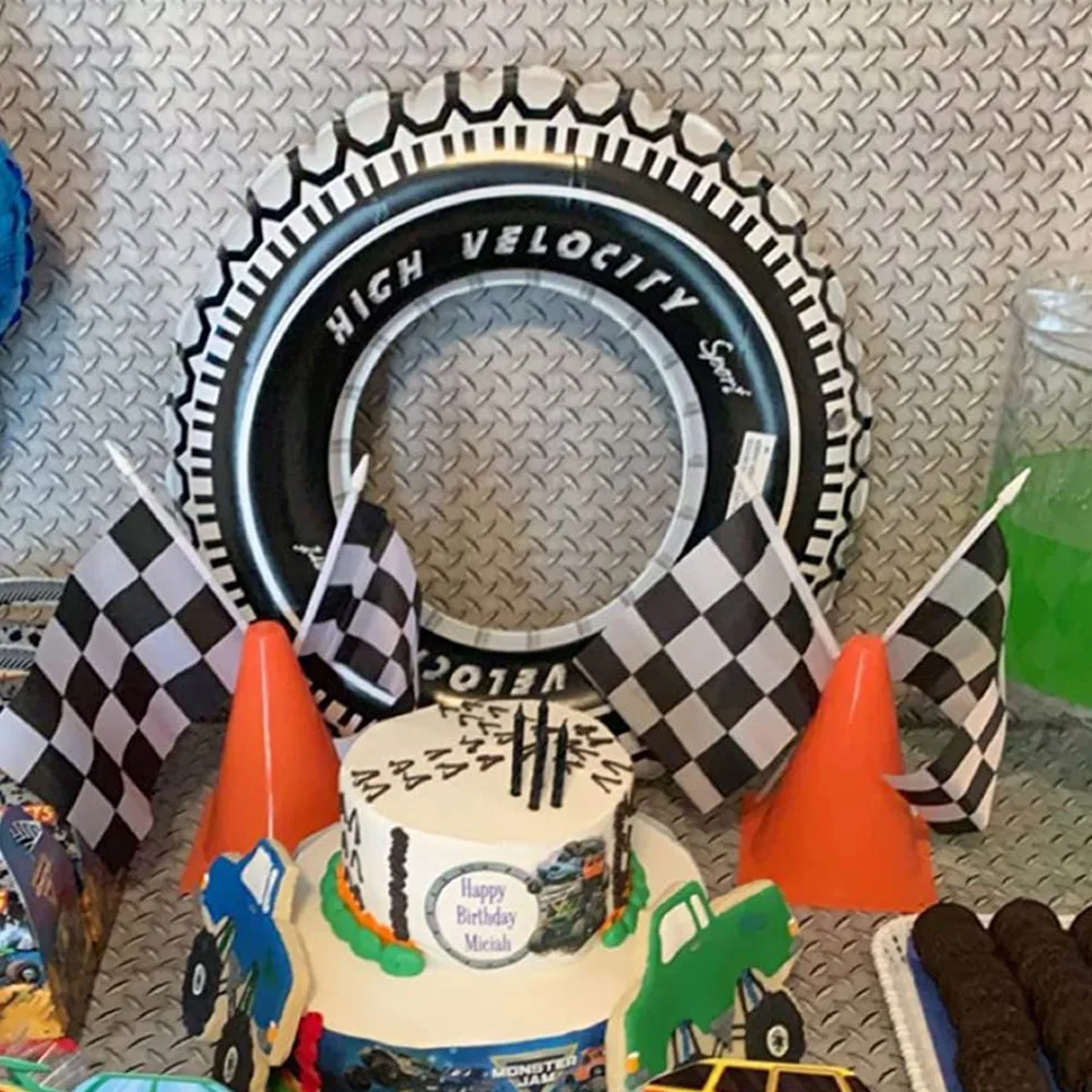 Racing Car Party Supplies Inflate PVC Tube Tire Checkered Flag Traffic Cones Racetrack Runner Tablecloth Race Car Birthday Decor