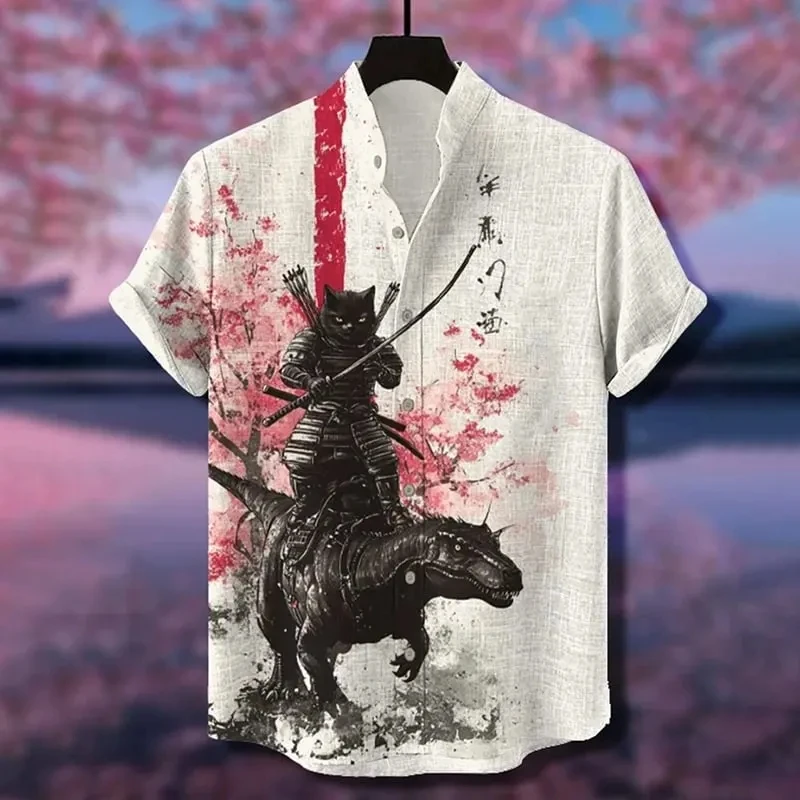 Men's fashionable black cat swordsman ninja series art pattern printed short-sleeved button shirt