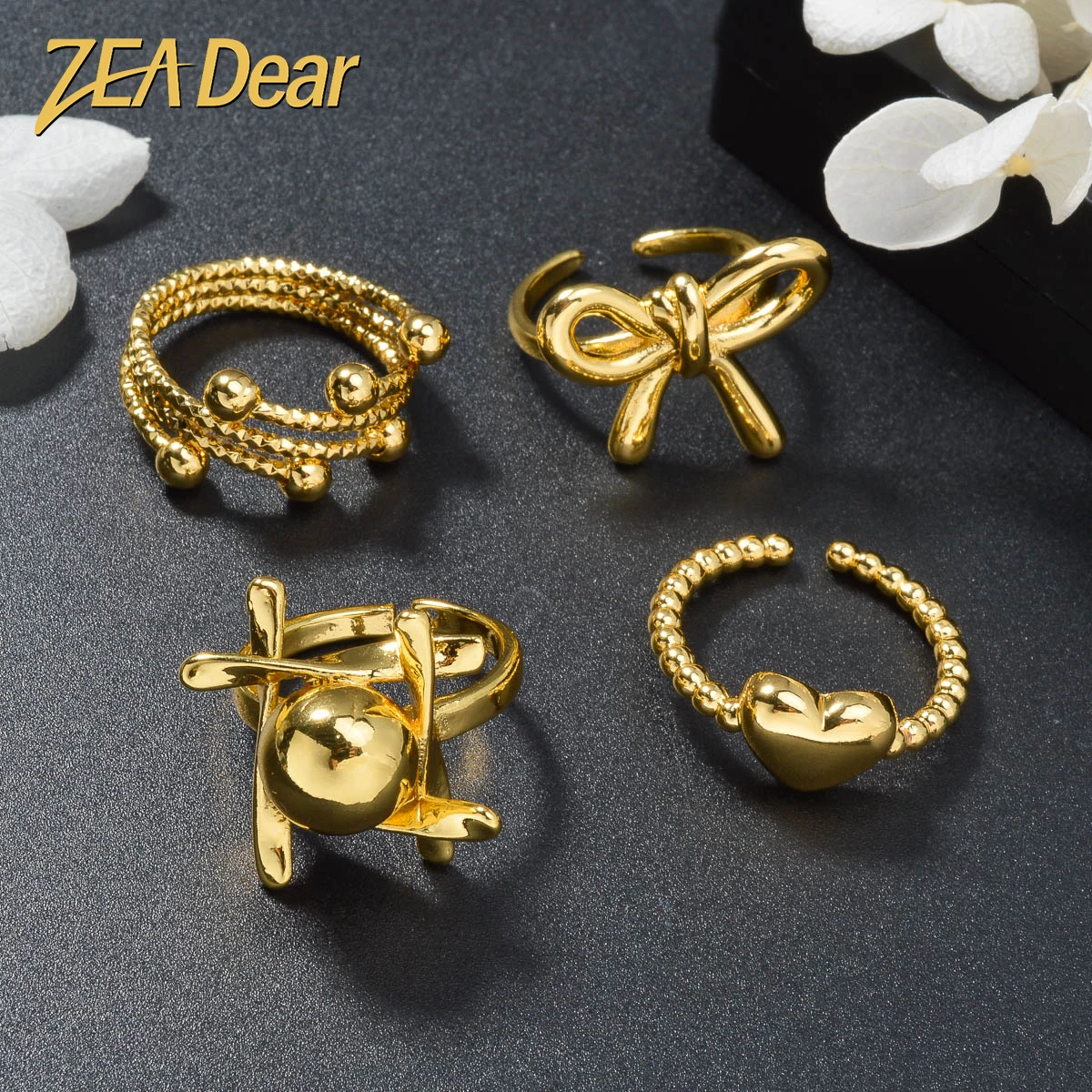 ZEADear Copper Jewelry For Women Bowknot Heart Ornaments Rings 18K Gold Plated Ring Finger 2024 Trendy New Dubai African Gifts