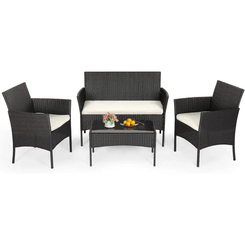 

4-Piece Outdoor Wicker Furniture Set in Black with Coffee Table for Porch, Garden, and Lawn
