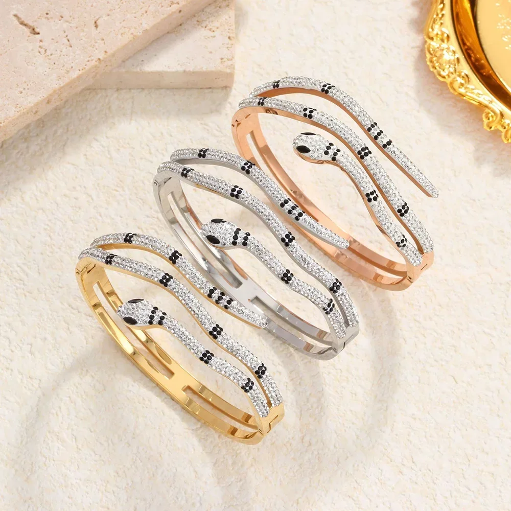 

Fashion Snake Shaped Bracelet For Women Luxury Multi Layer Inlaid Zircon Stainless Steel Gold Plated Bangles Jewelry Party Gift
