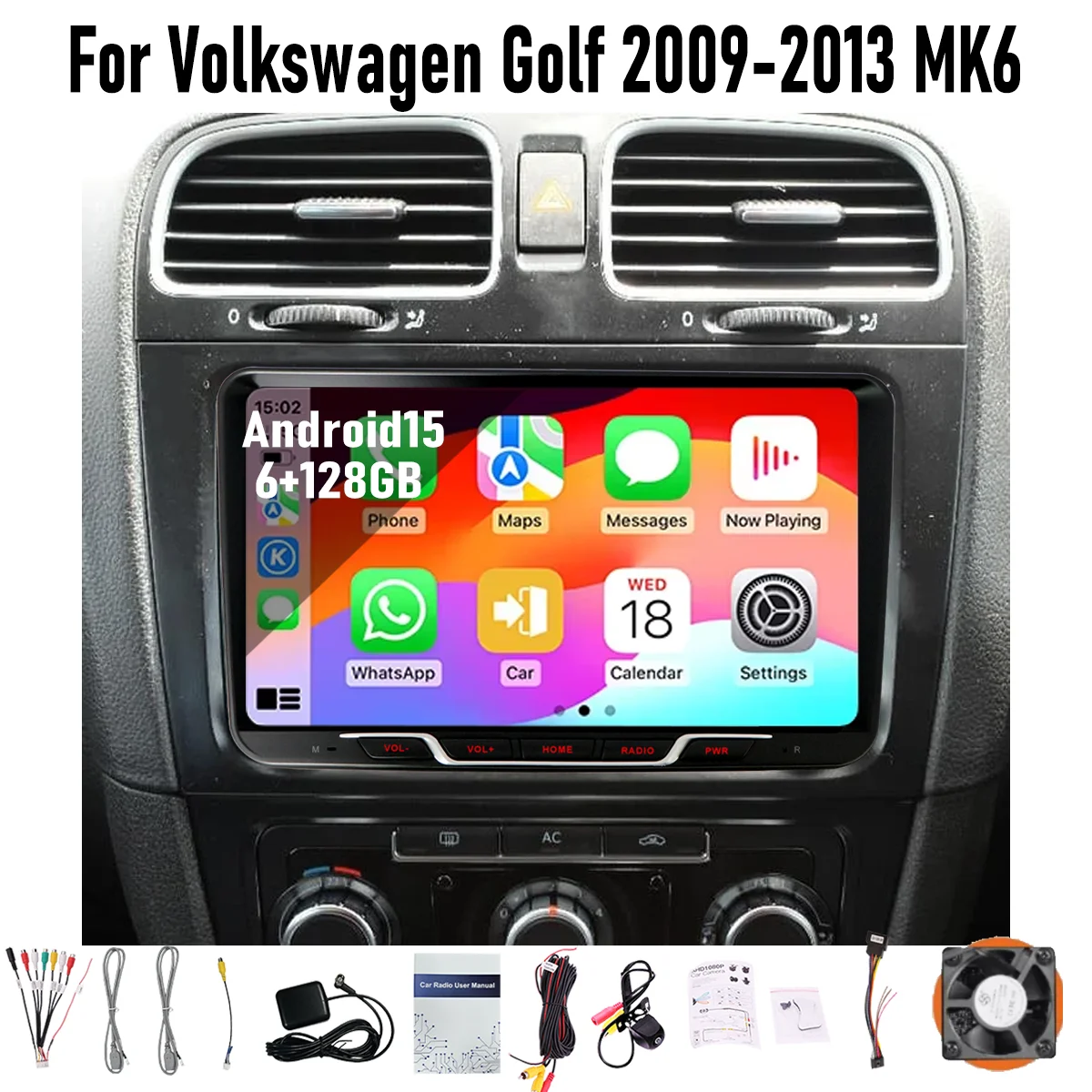 

9“ Apple CarPlay Android auto 6-128GB (8CORE) For VW Golf 2009-2013 MK6 QLED Screen Android15 Head Unit GPS Navigation Radio