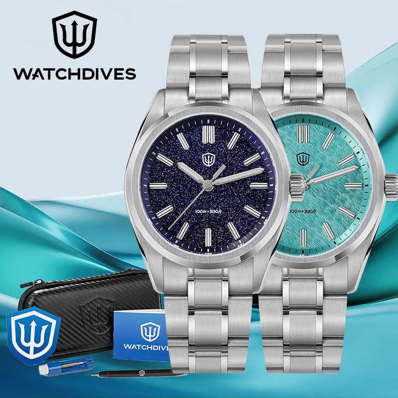 Zegarek Watchdives WD0003B ‌ Zegarki kwarcowe ‌ Zegarek z mechanizmem VH31, tarczą z awenturynu, wodoszczelnością 100m, szkłem szafirowym, 36mm, w stylu vintage.