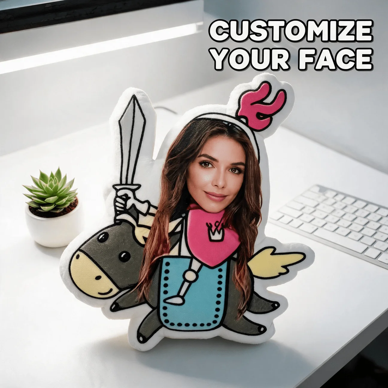 Custom Photo Knight-Shaped Pillow, Personalized Face on Cartoon Dragon Decorative Cushion, Unique Home Decor Accent for Sofa & B