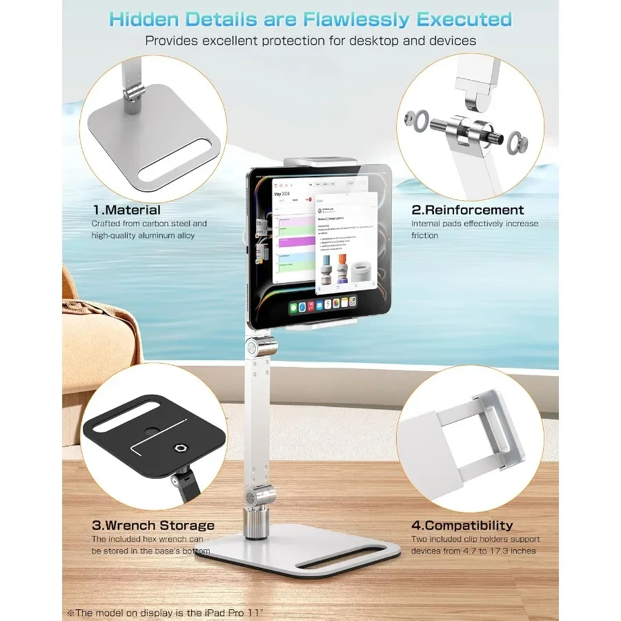 Supporto per tablet per iPad Supporto per monitor portatile Supporto per braccio pieghevole in lega di alluminio da 15,6'' 17,3'' con scrivania girevole a 360°