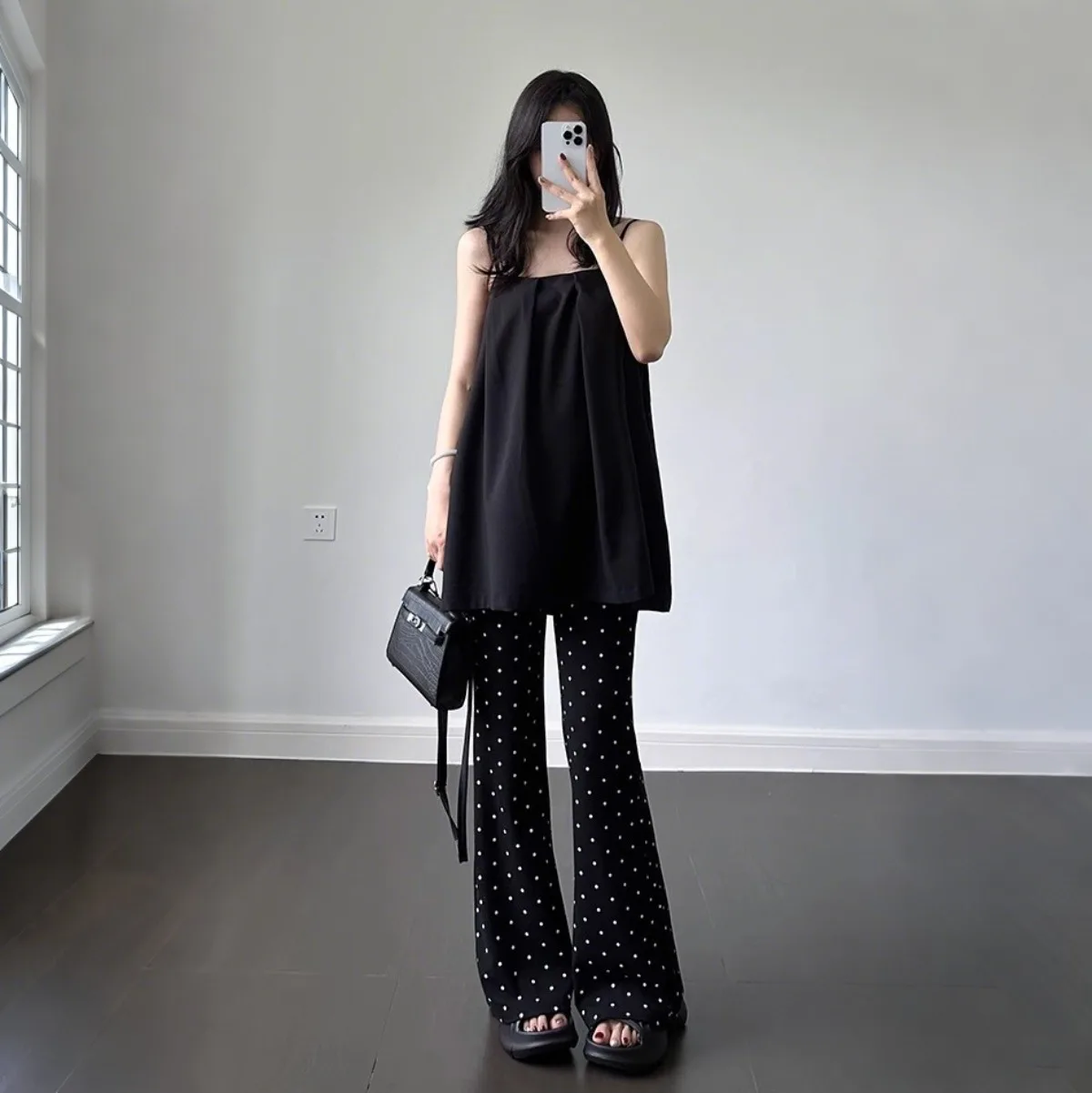 Casual Thin Minimalist Style Women Black Polka Dots High Waist Fashion  Wide Leg Pants 2025 Summer Vintage Solid Color Female