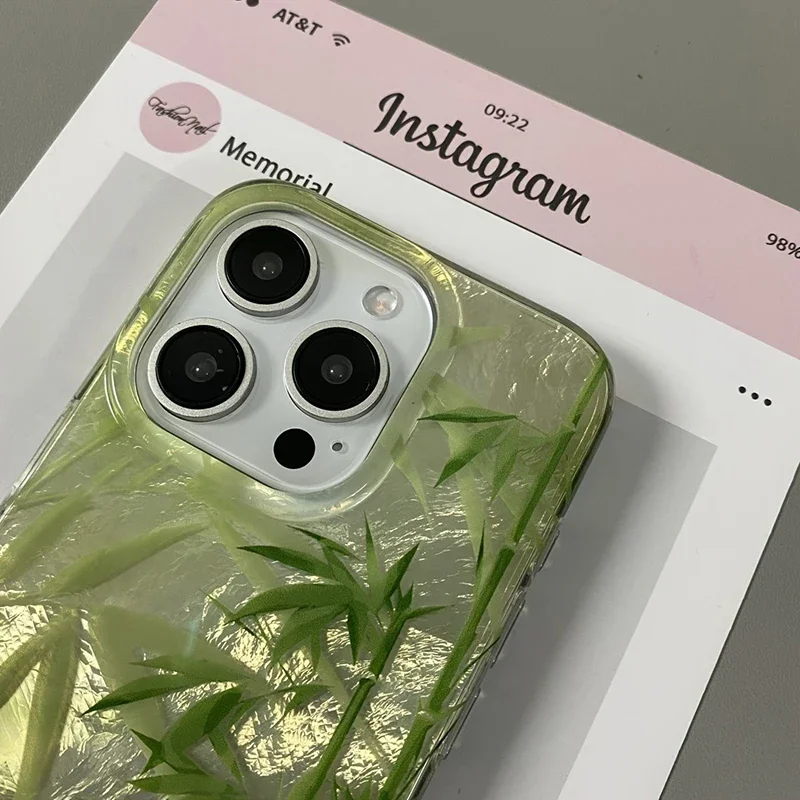 IND New Chinese Style Green Bamboo Phone Case For iPhone 16 15 14 13 12 11 Mini Pro Max X XR XSMax 8 Plus Glacier Pattern Cover