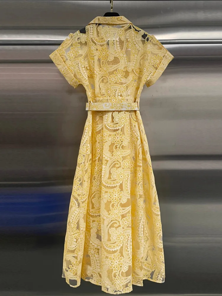 DFDG Abito lungo da donna in pizzo ricamato giallo semplicità 2025 per le vacanze Boho Chic Designer Elegante abito lungo primavera estate