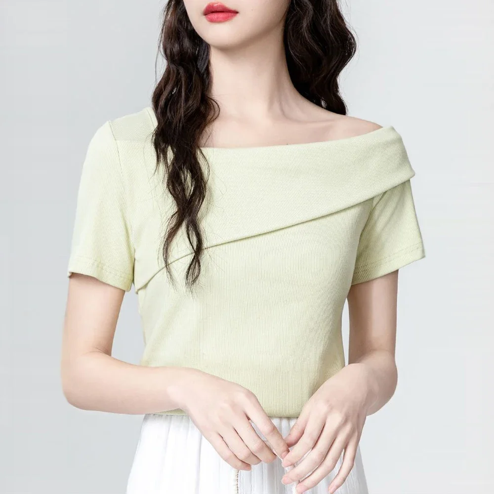 

Women's Skew Collar Short Sleeve T Shirt Sweet Girls S-XXL White Black Pink Green Asymmetrical Shirt Women Slim Stretch Tops