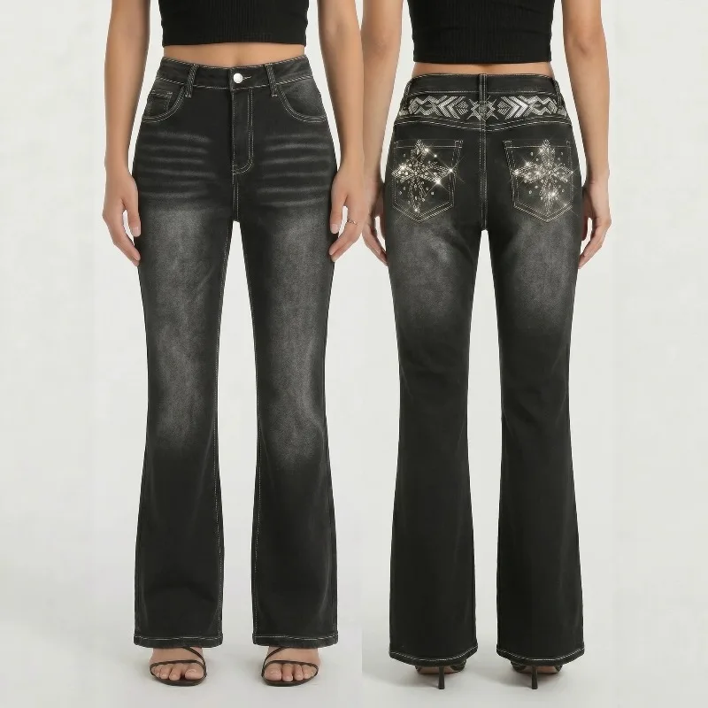 Autumn Retro Black-gray Women's Washed Jeans Sparkling Diamond-decorated Fashion Embroidery Slightly High-waisted Slim Pants