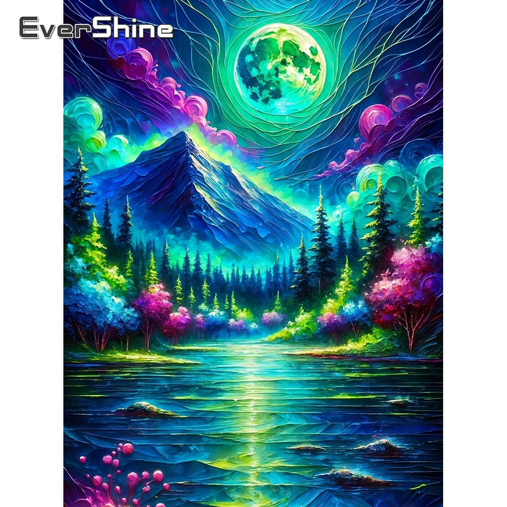 EverShine Vollquadratisches Diamant-Mosaik Landschafts-Strassbild Stickerei Berglandschaft Vollflächiges Diamantgemälde Mond Wandkunst