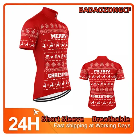 Men Short Sleeve Christmas Cycling Jersey Bike Shirt Mountain Highway Cycling Shirt 3 Pocket Breathable